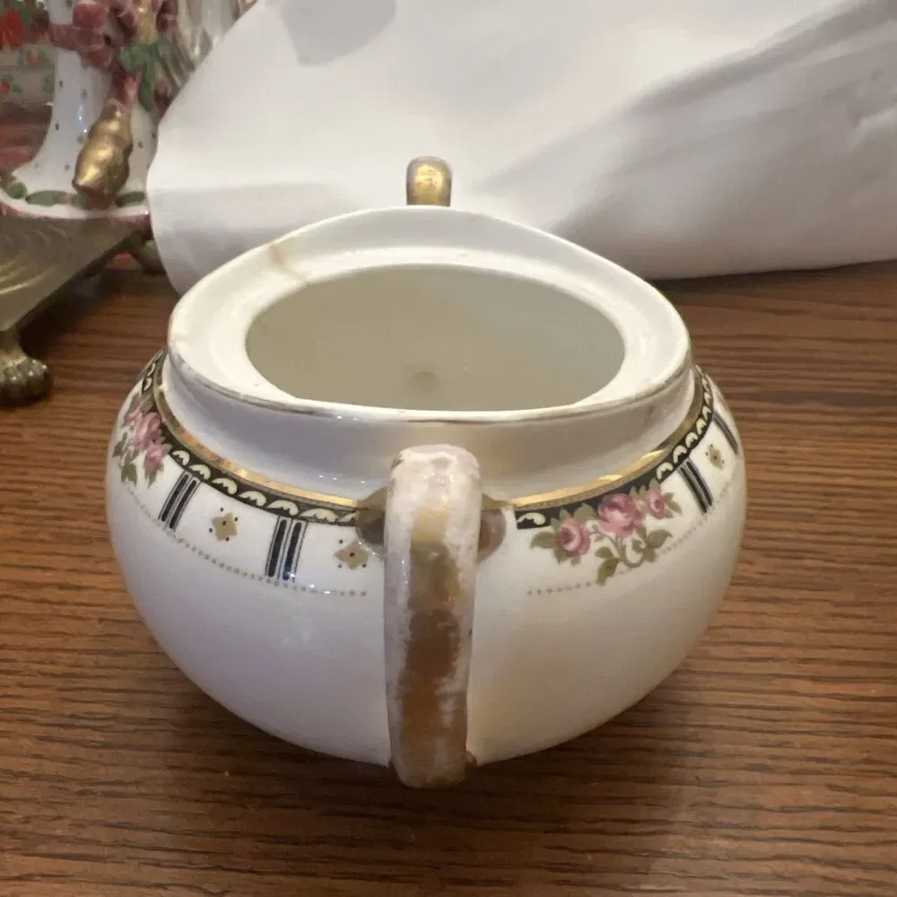 Vintage Cleveland China Sugar Bowl & creamer Bridal Rose Pattern Gold‎ & Crazing